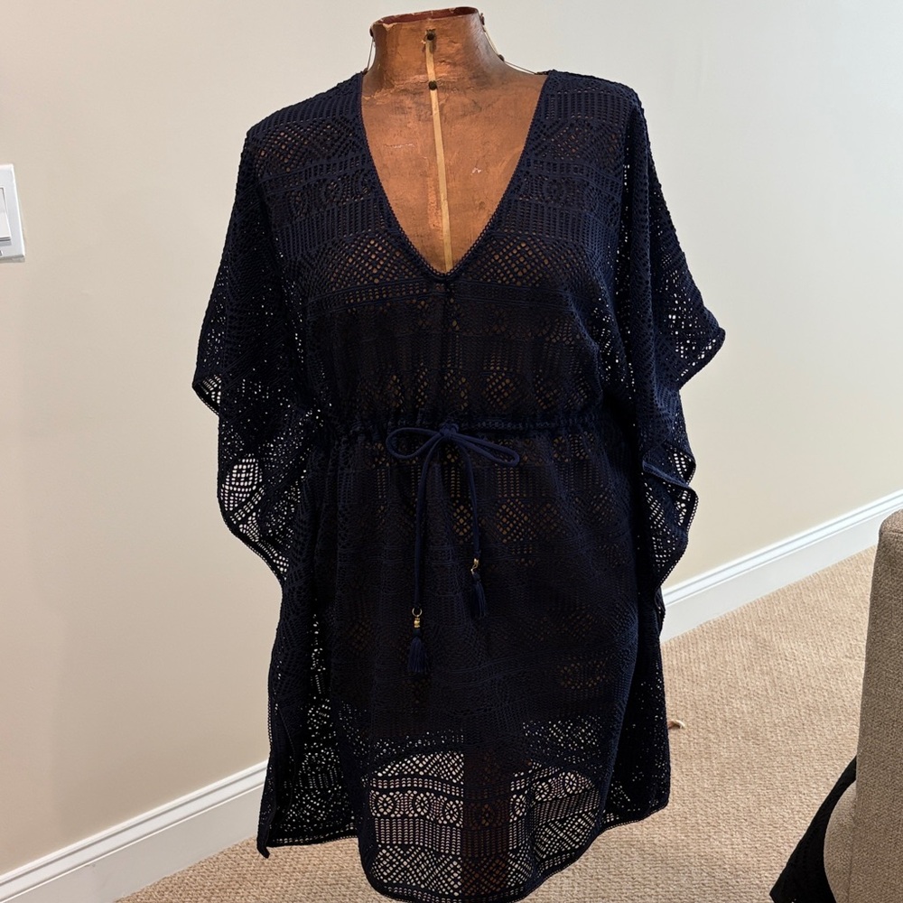 Tommy Bahama Navy Crochet V-Neck Drawstring Coverup, size Large/XL